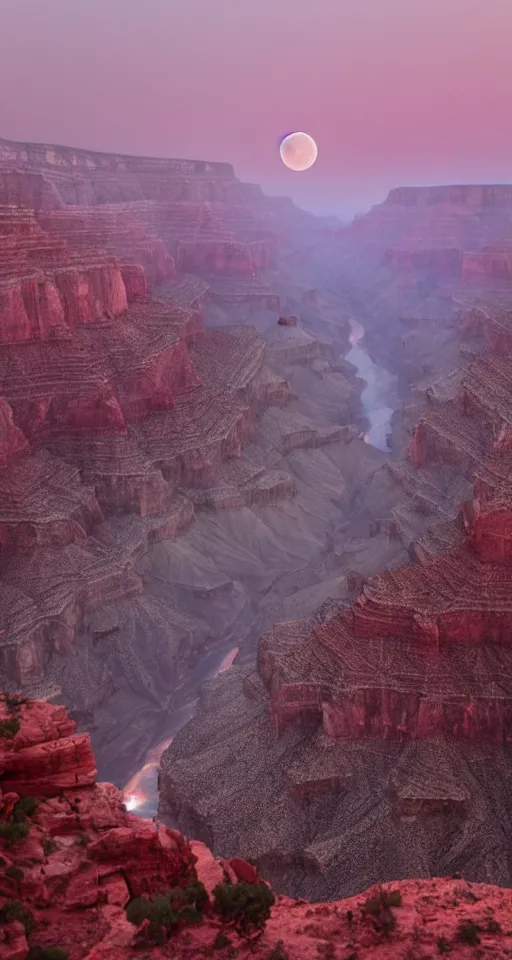 Prompt: Views of the Grand Canyon at night during a Blood Moon Lunar Eclipse, evil, demonic, enchanting, misty, haze, clouds, angelic, flowers, nature, symmetry, environment concept, cinematic, Rendered in Octane, cgsociety, moody lighting rendered by octane engine, cinematic lighting, intricate details, 8k detail post processing, hyperealistic, photo realism, visually inspired by Stephen King