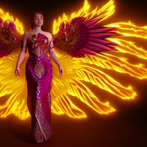 Image similar to a beautiful orchid phoenix angel woman, in an ornamented dress with large wings, photorealism, octane, unreal engine, volumetric light, god rays, 8 k high resolution, rubies