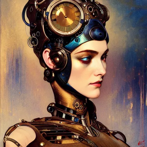 Image similar to close - up portrait of a beautiful female steampunk android in the style of ex machina, karol bak, alphonse mucha, greg rutkowski,