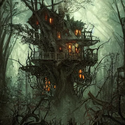 Image similar to dilapidated broken down treehouse, tucked within the witchwood forest, evil fairies, overgrown, detailed intricate ink illustration, dark atmosphere, detailed illustration, hd, 4k, digital art, overdetailed art, concept art, by greg rutkowski, by loish, complementing colors, Trending on artstation, deviantart