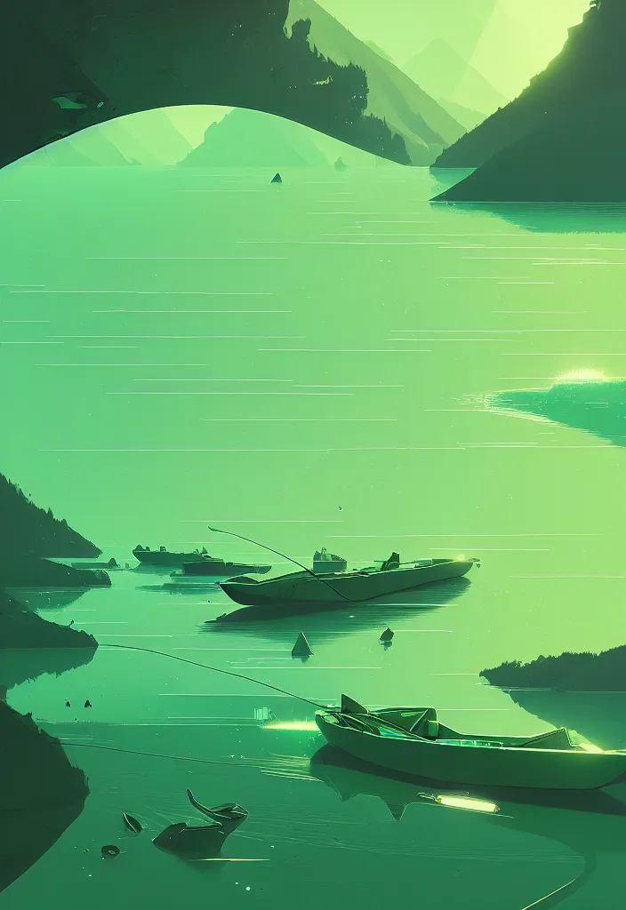 Image similar to by moebius and atey ghailan | a bright green river with clear crystal boats moving up and down it |