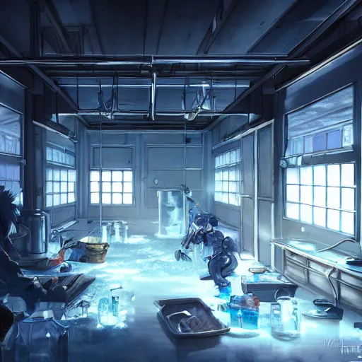 Image similar to interior of the frozen meth lab, anime fantasy illustration by tomoyuki yamasaki, kyoto studio, madhouse, ufotable, square enix, cinematic lighting, trending on artstation