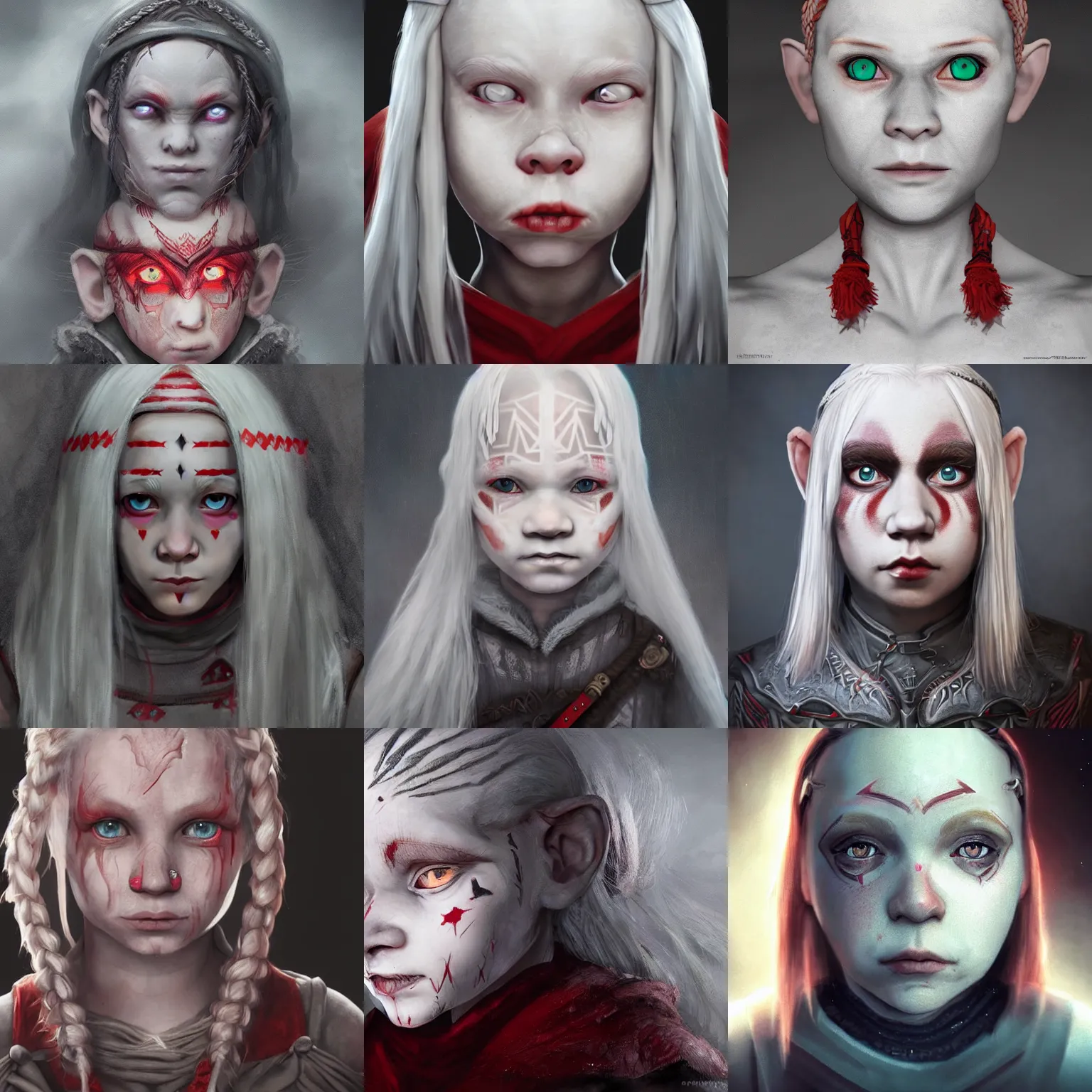 Prompt: realistic portrait of a young albino female halfling with red eyes and a grey!! cloak and geometric facial tattoos!!!!!! and white!!!! braided hair, haunted and sad expression, artstation, cinematic lighting, 8 k