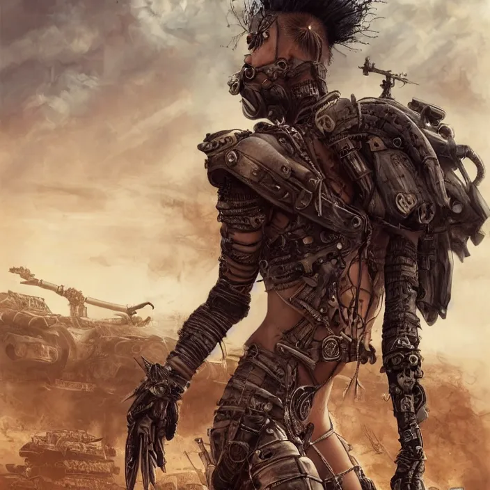 Image similar to beautiful apocalyptic woman with Mohawk, standing on mad max panzer tank, hyper-detailed, smooth, sharp focus, 4k ultra hd, fantasy dark art, tank girl, artgerm, artstation, octane render, elegant, detailed digital painting, apocalyptic art