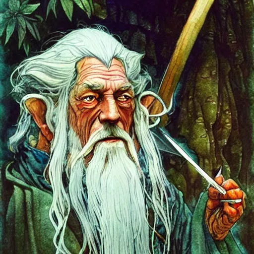 Image similar to a realistic and atmospheric watercolour fantasy character concept art portrait of gandalf with red eyes smoking a huge blunt looking at the camera with a pot leaf nearby by rebecca guay, michael kaluta, charles vess and jean moebius giraud