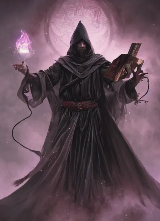 Image similar to black magic sorcerer with a book of spells, dramatic, death, cinematic, ultra realistic