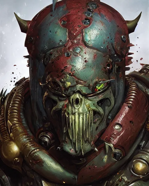 Prompt: hyper realistic portrait of heroic warhammer android head, cinematic, chaos marine, khorne tzeentch nurgle slaanesh, artstation, cgsociety, full head and shoulders, greg rutkowski, james gurney, mignola, craig mullins, brom