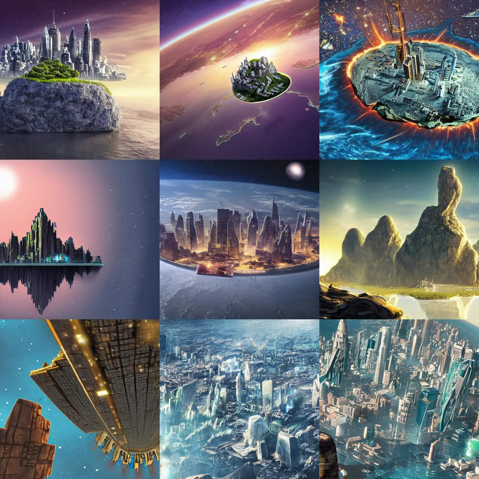 Prompt: wallpaper of a city built on a floatingisland rock in space, the city is on a rock broken out of the ground