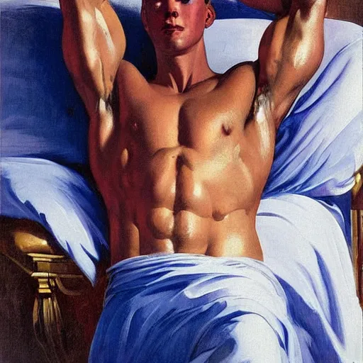 Image similar to oiled up glossy 2 5 y. o. muscular genie with blue skin posing in bed painted by j. c. leyendecker, morning sunlight, greek, dramatic, romantic, detailed, realistic