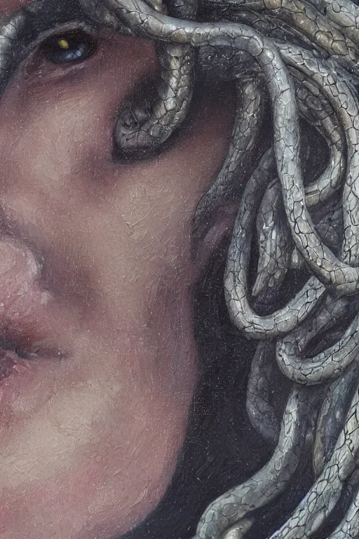 Image similar to hyperrealism oil painting, close - up portrait of face from a tangle of snakes medieval fashion model, knight, steel gradient mixed with nebula sky, in style of baroque