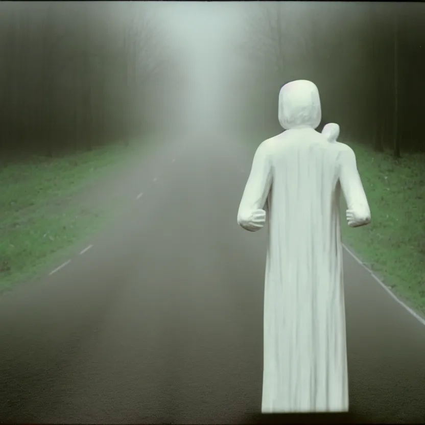 Image similar to 1 9 8 0's recovered film of a pale white figure standing silently on the side of a misty road, photorealistic, grainy, camcorder, old film, low quality, horror, creepy, unsettling, liminal, strangely terrifying