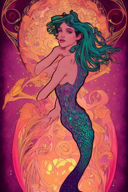 Image similar to a beautiful psychedelic mermaid with a beautiful fin, symmetrical features, cinematic lighting, soft bokeh, fantasy, modern, colourful, highly detailed, digital painting, artstation, deviantart, concept art, sharp focus, illustration, by alphonse mucha