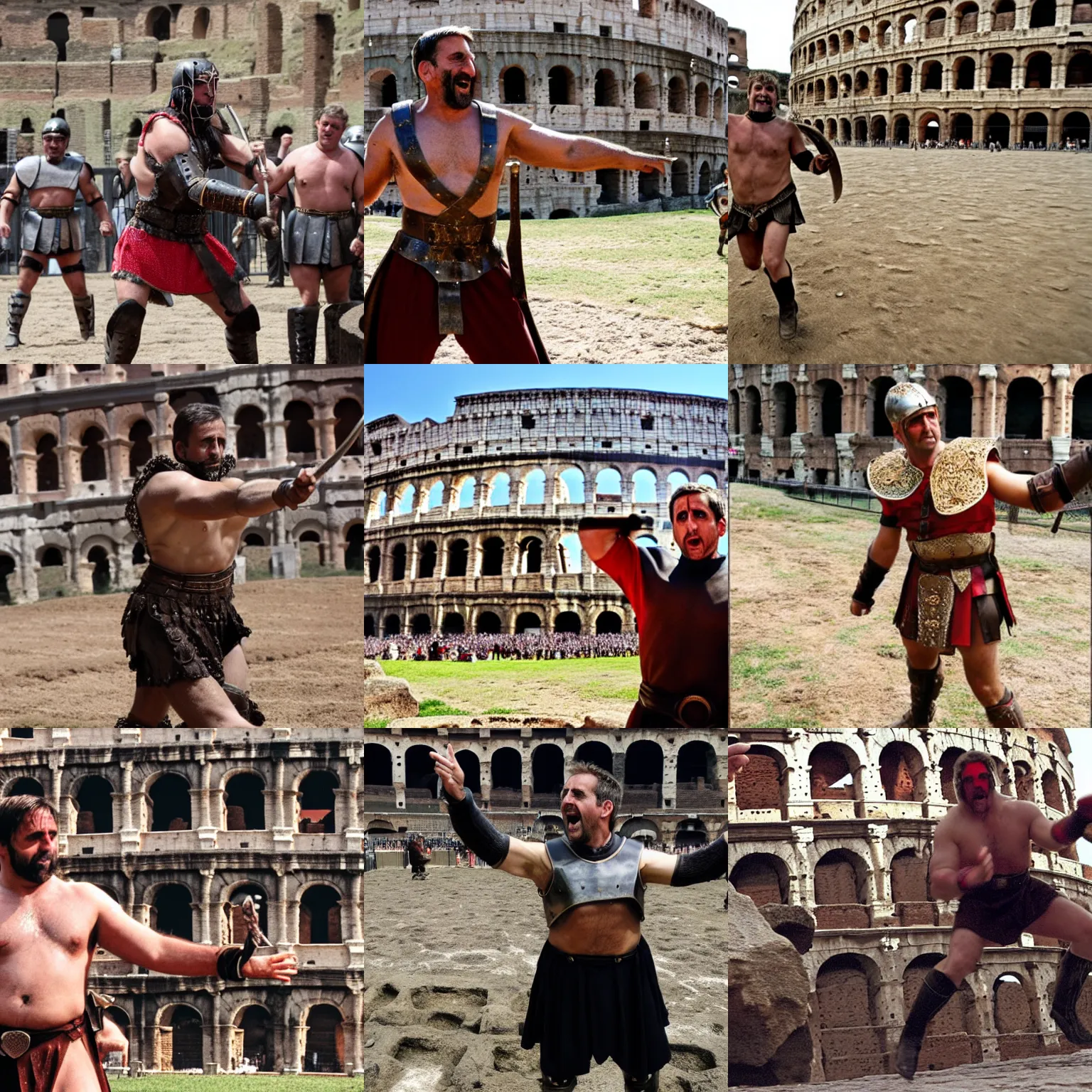 Prompt: Steve Carell as gladiator fighting in the colosseum