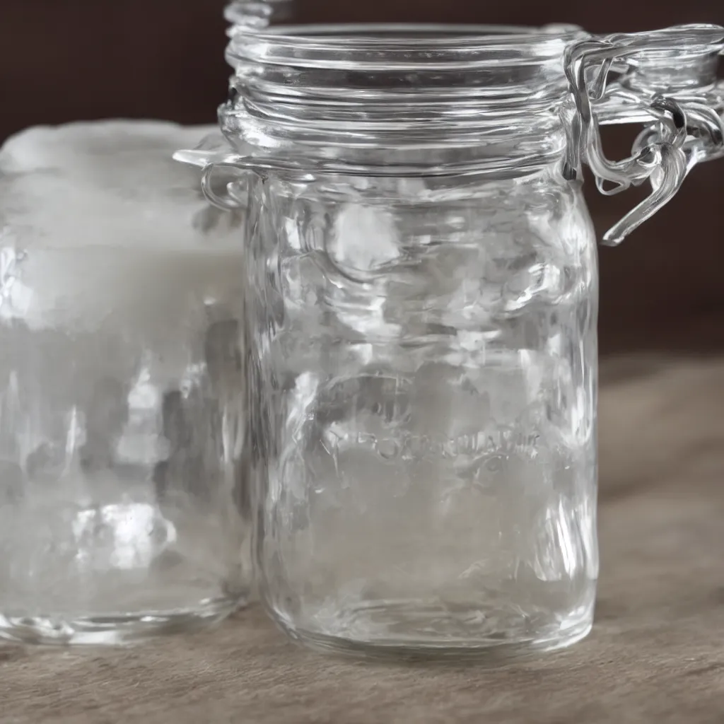 Prompt: a single clear jar filled with milk, hd, realistic, close - up shot, real