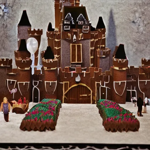 Prompt: people walking into the castle by walt disney buit made from gingerbread and stuff, live action digital art