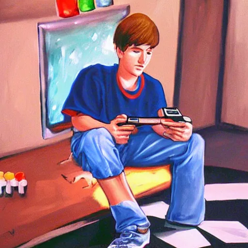 Image similar to teenager in the 9 0 s playing nintendo in a basement, painting