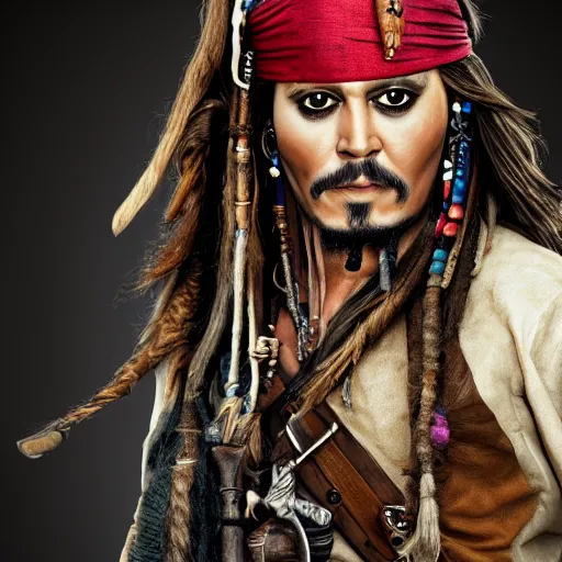 Image similar to jack sparrow with a parrot on the shoulder, realistic portrait, 8k resolution, hyper detailed, studio lighting, cinematic, sharp