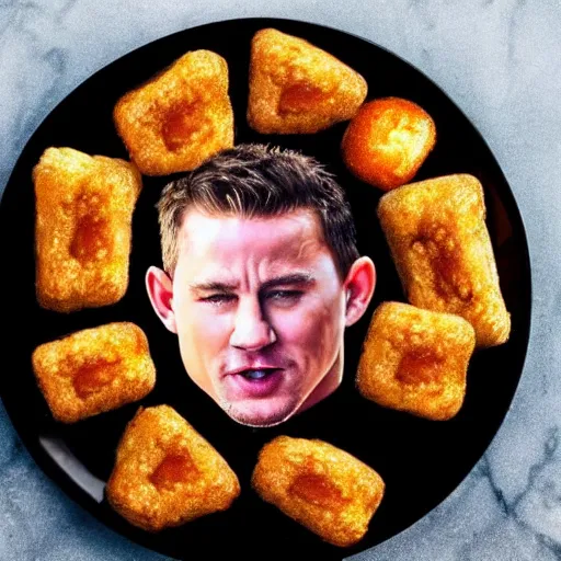 Image similar to food photo of channing tatum's face on top of giant tater tot on a plate with ketchup