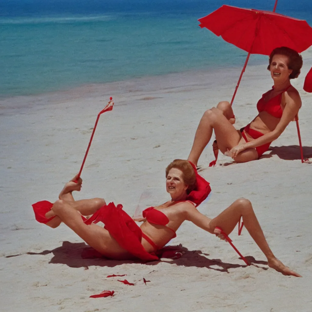 Image similar to margaret thatcher sunbathing, wearing red bikini, on a pristine beach with white sand, under an umbrella made from straws