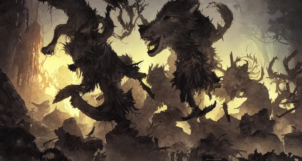 Image similar to WOLVES AND THEIR TREASURES digital painting By Travis Charest, James Gurney, and Ashley Wood. dramatic lighting. Magic the gathering style.