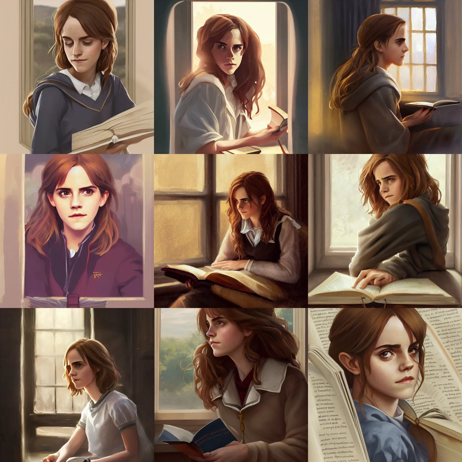 Image similar to portrait of Emma Watson as Hermione Granger sitting next to a window reading a book, focused expression, face focus, golden hour, art by Kenne Gregoire and Krenz Cushart, trending on artstation