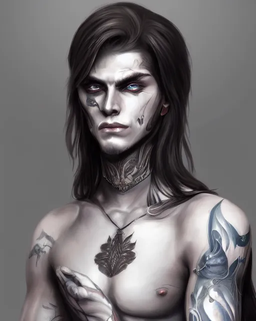 Prompt: portrait of a feminine male dark elf, obsidian skin, white tatoo, long hair, fantasy, elegant, intricate, highly detailed, digital painting, artstation, concept art, sharp focus, illustration