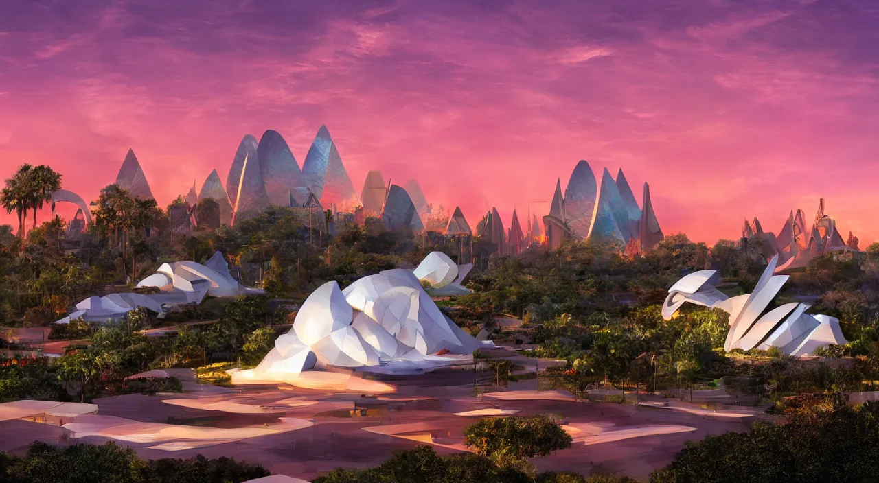 Prompt: a matte painting of spaceship earth taken at epcot at walt disney world, sunset, crowded by frank lloyd wright and zaha hadid torch volume light