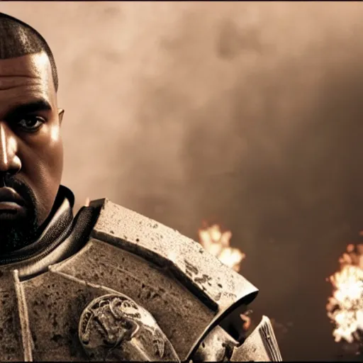 Image similar to kanye west as the pope in gears of war battlefield 5, splash art, movie still, cinematic lighting, dramatic, octane render, long lens, shallow depth of field, bokeh, anamorphic lens flare, 8 k, hyper detailed, 3 5 mm film grain