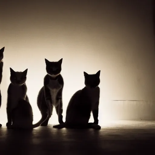 Prompt: photo of a group of stray cats watching tv in a dark alley, studio lighting moonlit