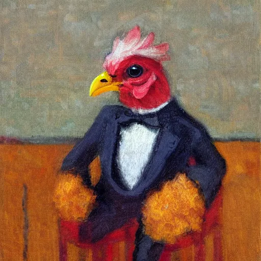 Prompt: a wide high quality photo of a chicken wearing a suit, impressionism, 8 k