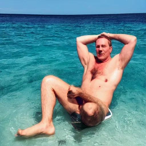 Image similar to photo of a 4 0 year old white man living the best life possible. he looks young for his age. women in bikinis can be seen behind him, it's as if he were in a music video and didn't know it.