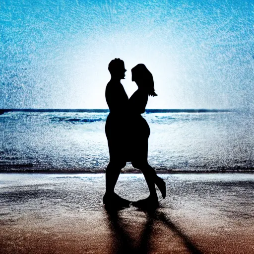 Prompt: silhouette of a couple hugging standing on a beach, behind frosted glass, abstract, blue tint, 4k, photorealistic