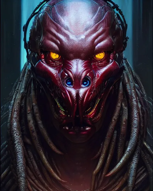 Image similar to a portrait of the predator fantasy character portrait, ultra realistic, cinematic, concept art, wide angle, intricate details, hologram, highly detailed by greg rutkowski, wayne barlowe,