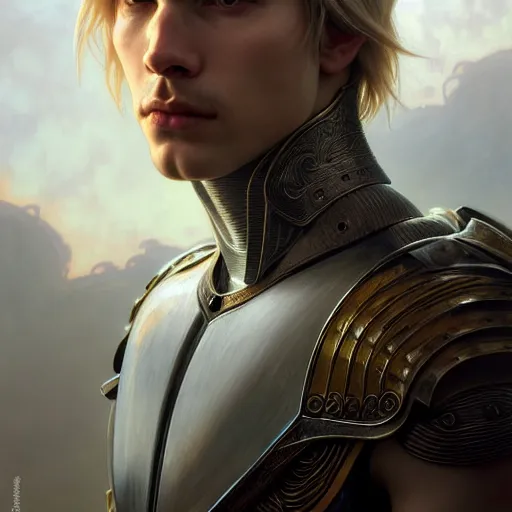 Image similar to portrait painting of a young melancholic man with a soft face and short light blonde hair wearing armor, ultra realistic, concept art, intricate details, eerie, highly detailed, photorealistic, octane render, 8 k, unreal engine. art by artgerm and greg rutkowski and charlie bowater and magali villeneuve and alphonse mucha