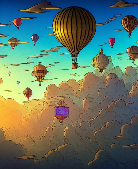 Image similar to a flying steampunk city with hot air balloons in the middle of a cloudy sky, light beams, sunset lighting, color cartoon drawing, in the style of jean giraud moebius