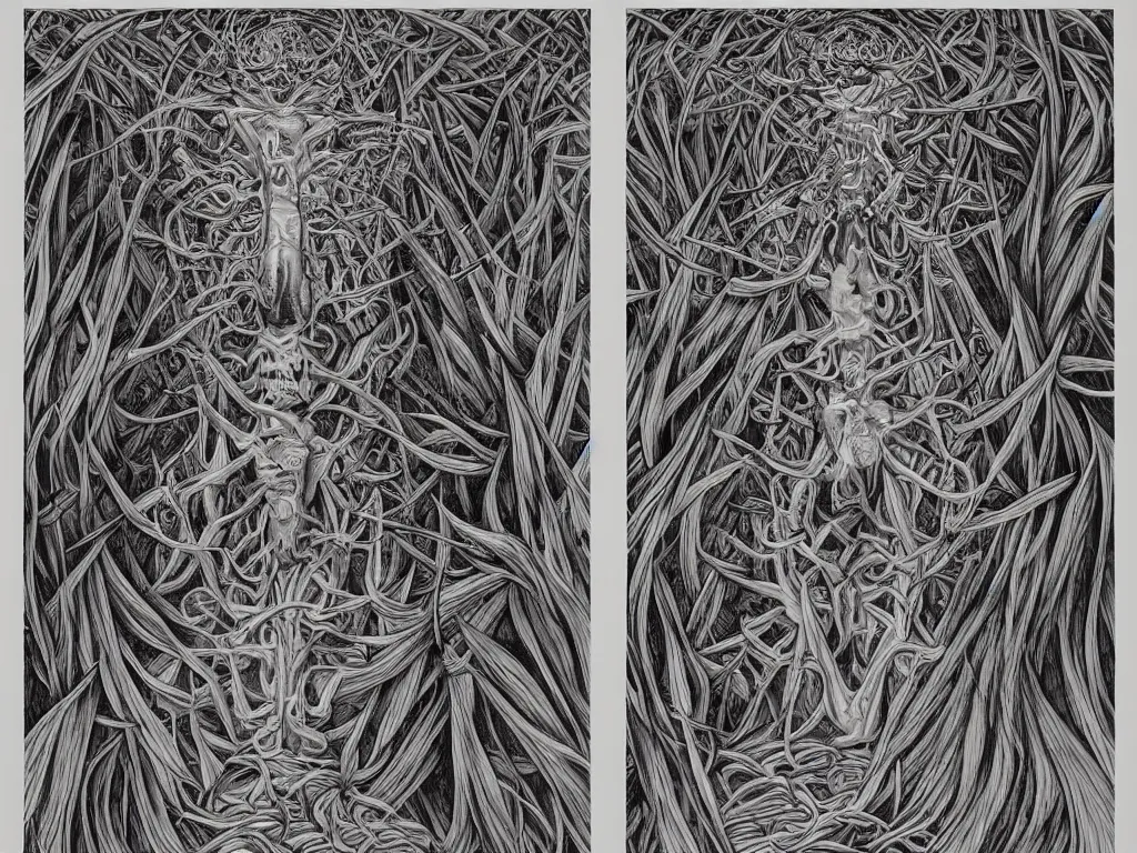 Image similar to transformation through death by Alex Grey and M. C. Escher collaboration