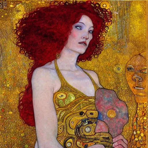 Image similar to a goddess a red haired goddess surrounded by gold by manara, and klimt