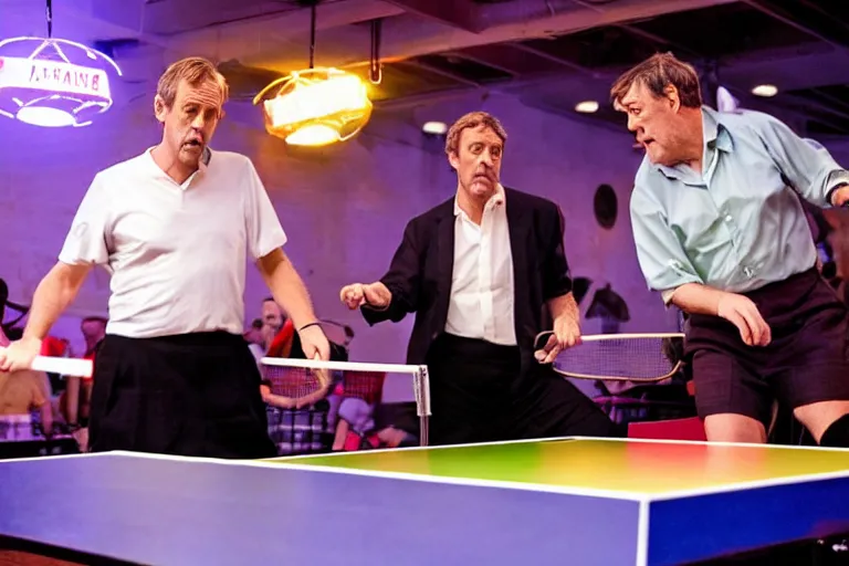 Image similar to Hugh Laurie and Stephen Fry playing table tennis, neon lighting