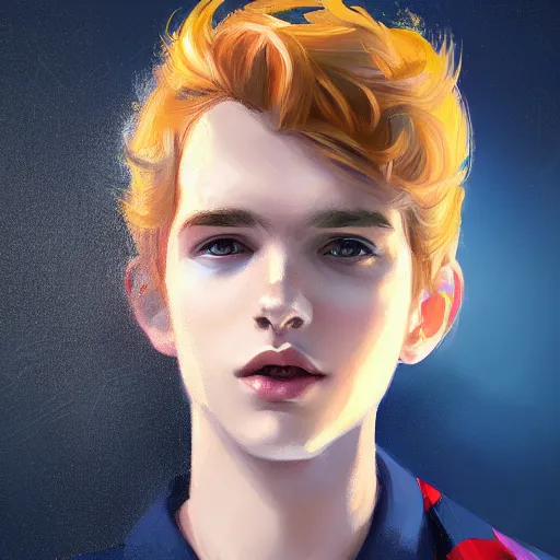 Prompt: colorful and festive captivating young boy with wavy blonde hair, navy blue jacket and blue shorts. rich vivid colors, ambient lighting, dynamic lighting, 4 k, atmospheric lighting, painted, intricate, highly detailed by charlie bowater