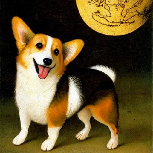 Image similar to corgi dog in cosmos painting, leonardo da vinci style