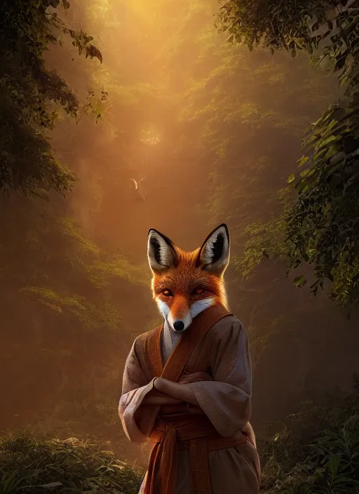 Image similar to Beautiful art portrait of a fox in monk clothing as a fantasy martial arts expert in a bright temple surrounded by lush forest, atmospheric lighting, intricate detail, cgsociety, hyperrealistic, octane render, RPG portrait, ambient light, dynamic lighting