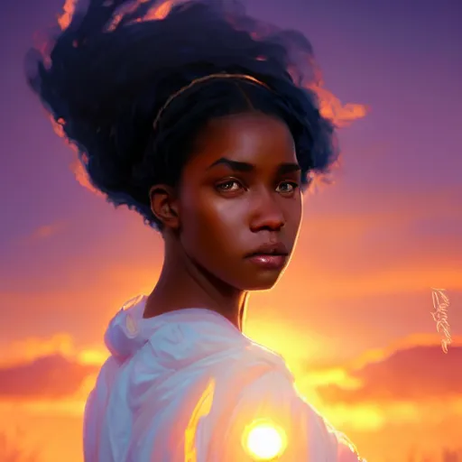 Image similar to a Photorealistic dramatic hyperrealistic bright blue eyes, African American elegant girl, black hair, white veil,by WLOP,Artgerm,Greg Rutkowski,Alphonse Mucha, Beautiful dynamic dramatic bright sunset lighting,shadows,cinematic atmosphere,Artstation,concept design art,Octane render,8k