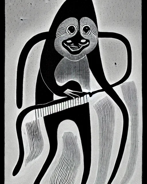 Prompt: realistic bipedal sloth, long airy fur with human face, playing a guitar, rock stage, in the style of laszlo moholy - nagy, archibald thorburn, stylized, ornately detailed, chromatic aberration