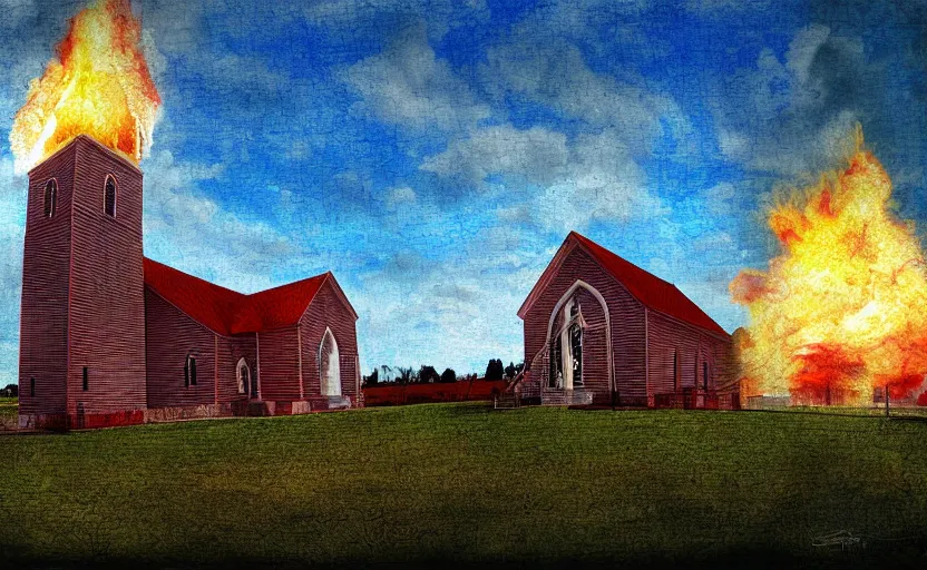 Prompt: a church exploding into flames, blue sky with clouds, digital art