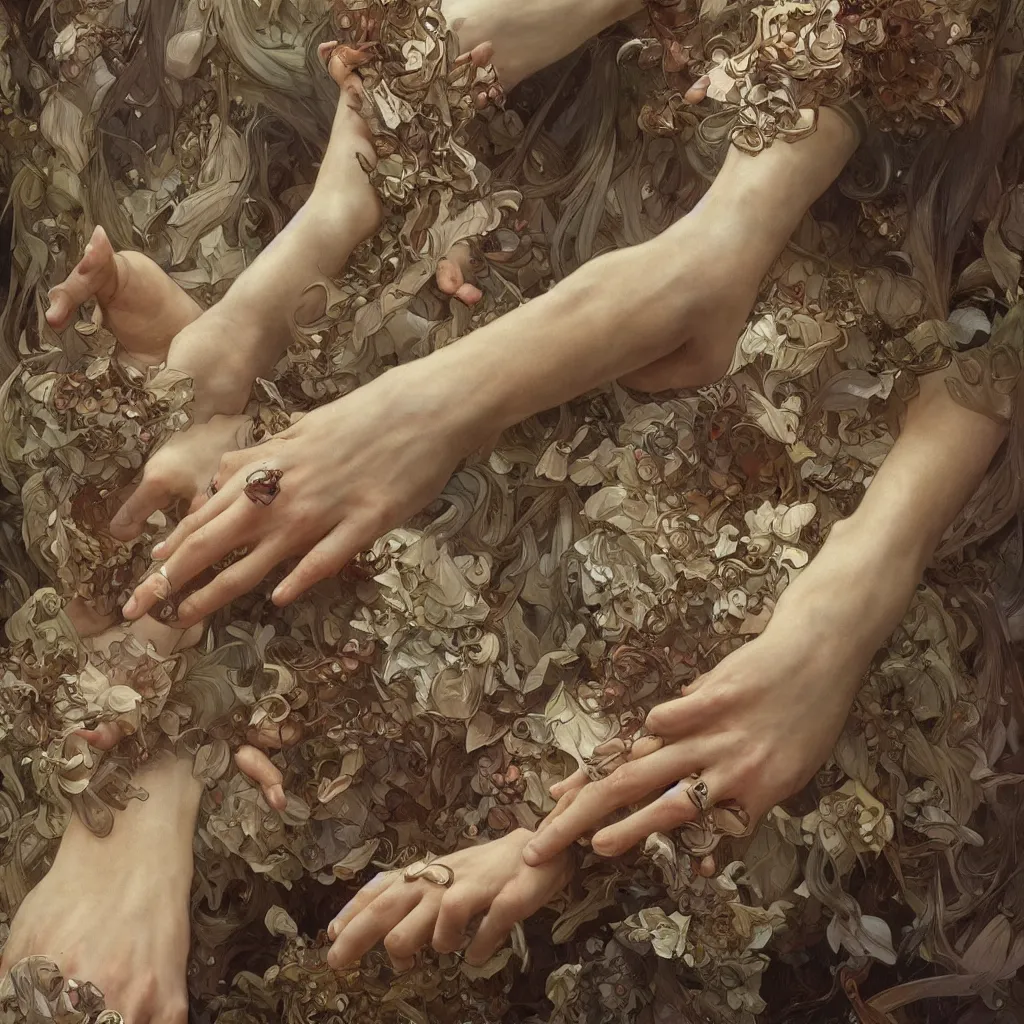 Prompt: too many hands, gnarled, so many hands, fingers, weird amount of hands, fantasy, intricate, elegant, highly detailed, digital painting, artstation, concept art, smooth, sharp focus, illustration, art by artgerm and greg rutkowski and alphonse mucha