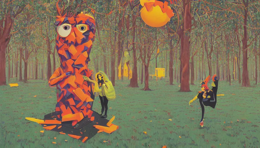 Image similar to safety cones scattered around an oak tree forest, man in muppet sasquatch sri lankan mask costume dancing in the distance, by james jean by ilya kuvshinov kintsugi, hyper detailed surrealist painting