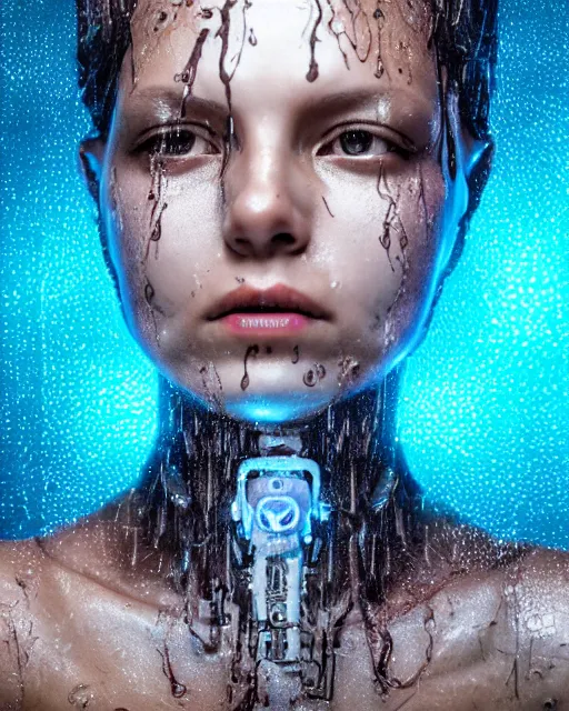 Prompt: photo of soulful female as a cyberpunk mecha humanoid robotic head and face parts with bright led lights, small light emitting cables over face, under a shower, wet skin with water dripping down face, ultra - realistic and detailed, long exposure 8 k
