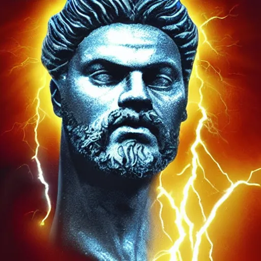 Prompt: Zeus ridding the lightning bolt, digital art, realism