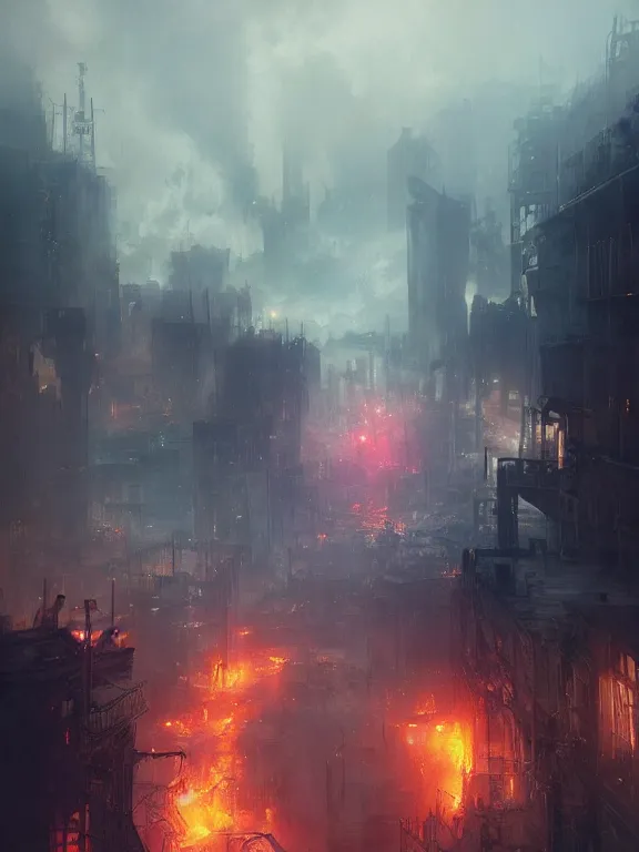 Image similar to photo of 8k ultra realistic burning city of London, heavy storm, rain, full of colour, cinematic lighting, battered, trending on artstation, 4k, hyperrealistic, focused, extreme details,unreal engine 5, cinematic, masterpiece, art by Peter Mohrbacher