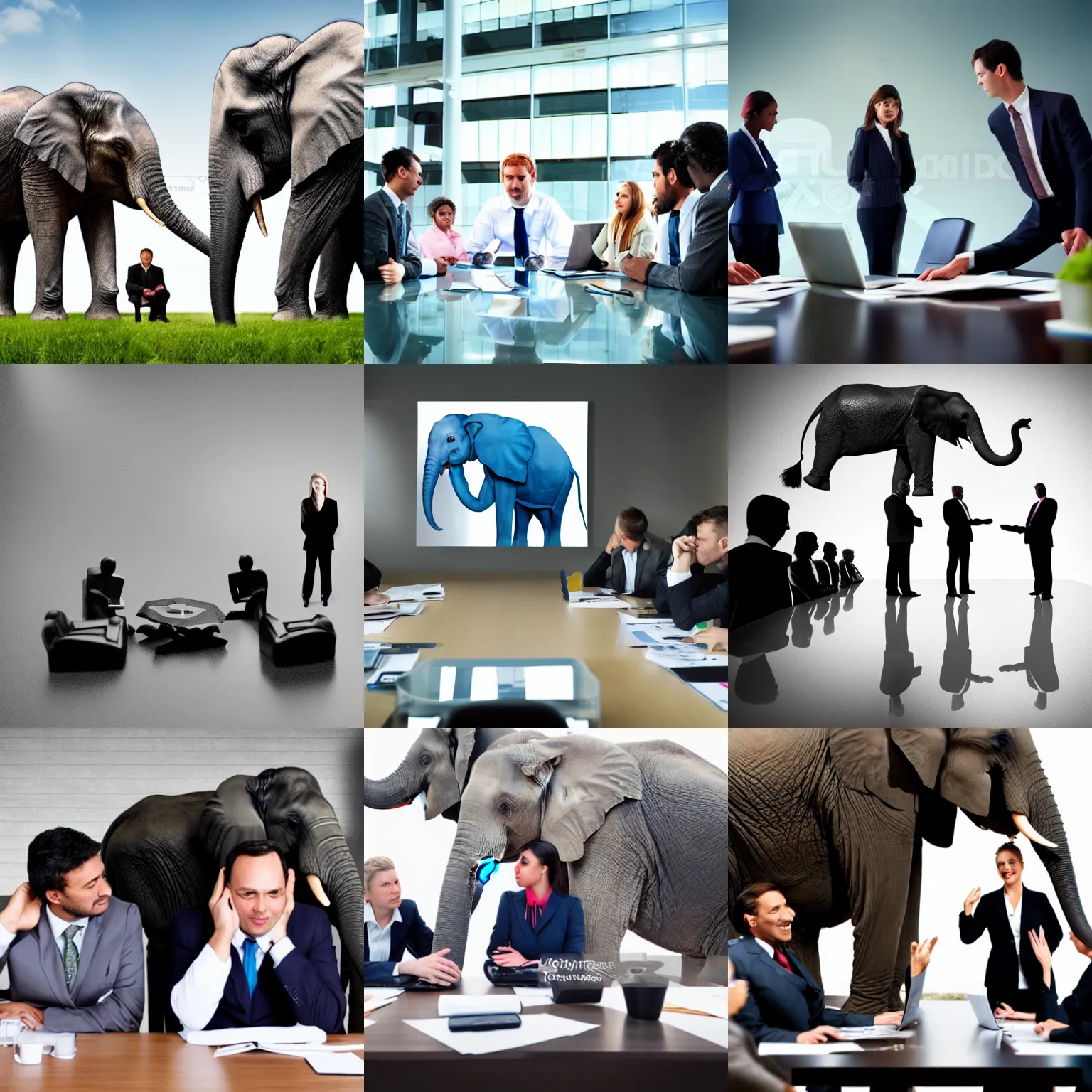 Image similar to stock photograph of a business meeting and a hiding elephant